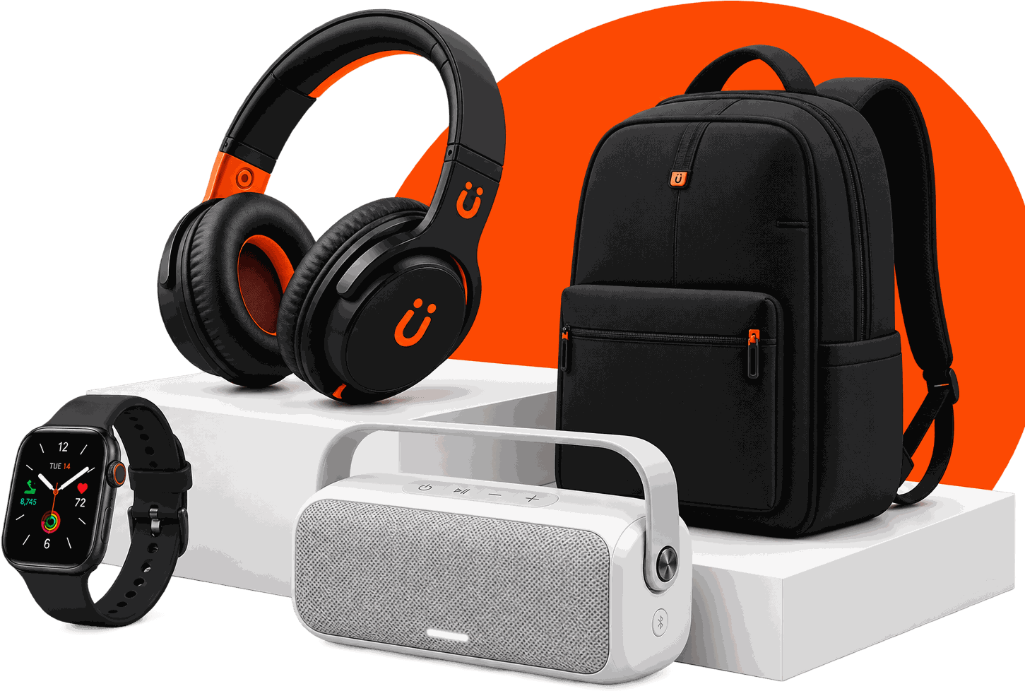Wireless headphones, laptop backpack, smartwatch and portable Bluetooth speaker